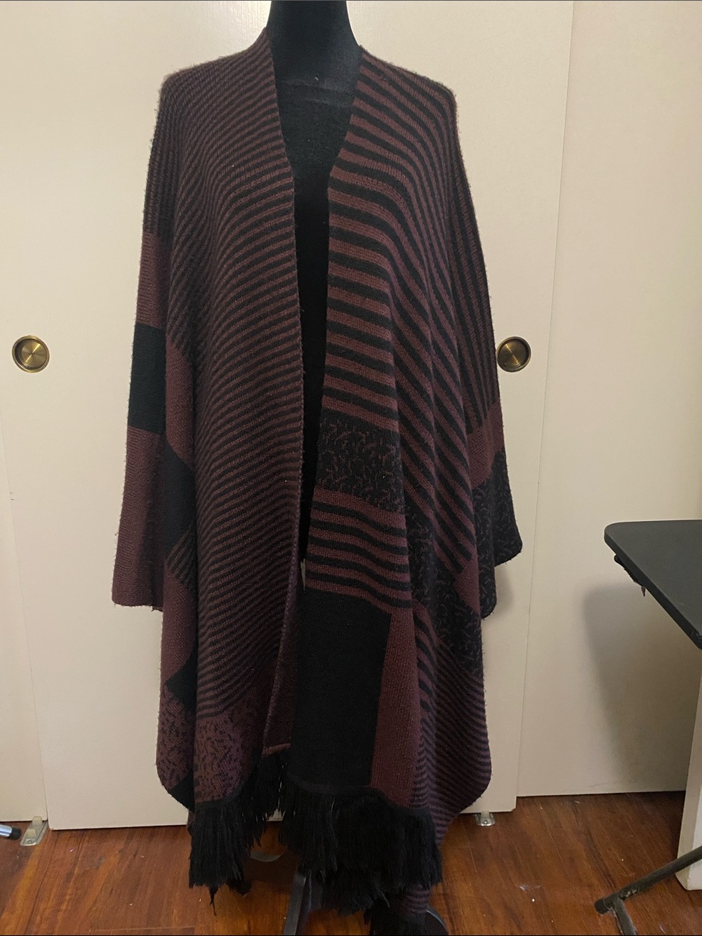 Striped Fringe Open-Front Poncho in Dark Plum & Black